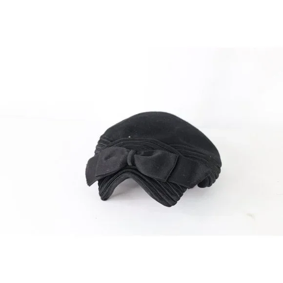 NWT Vintage Black Felt Pillbox Hat with Bow black velour felt teardrop pillbox cocktail hat - occasion  main image 4